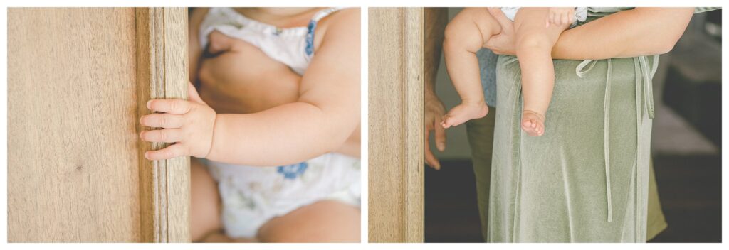 Detailed shots of six month old baby's fingers and toes as she holds on to the front door and sits in Mom's arms. 