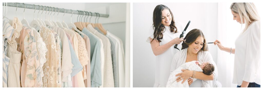 Left photo: Client wardrobe with dresses for little girls, dresses for mamas and shirts for dads
Right photo: three women, one with brown hair wearing a white shirt curling a brunette mom's hair as she holds her swaddled baby. The other blonde woman is applying makeup to mom's face with a brush. 